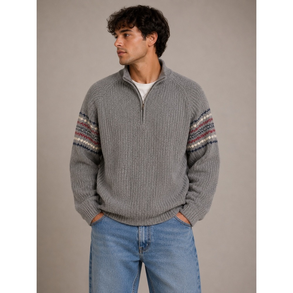 ST JOHNS BAY Gray Quarter Zip Sweater Mens XL Fair Isle Pattern Cotton Blend |Q1